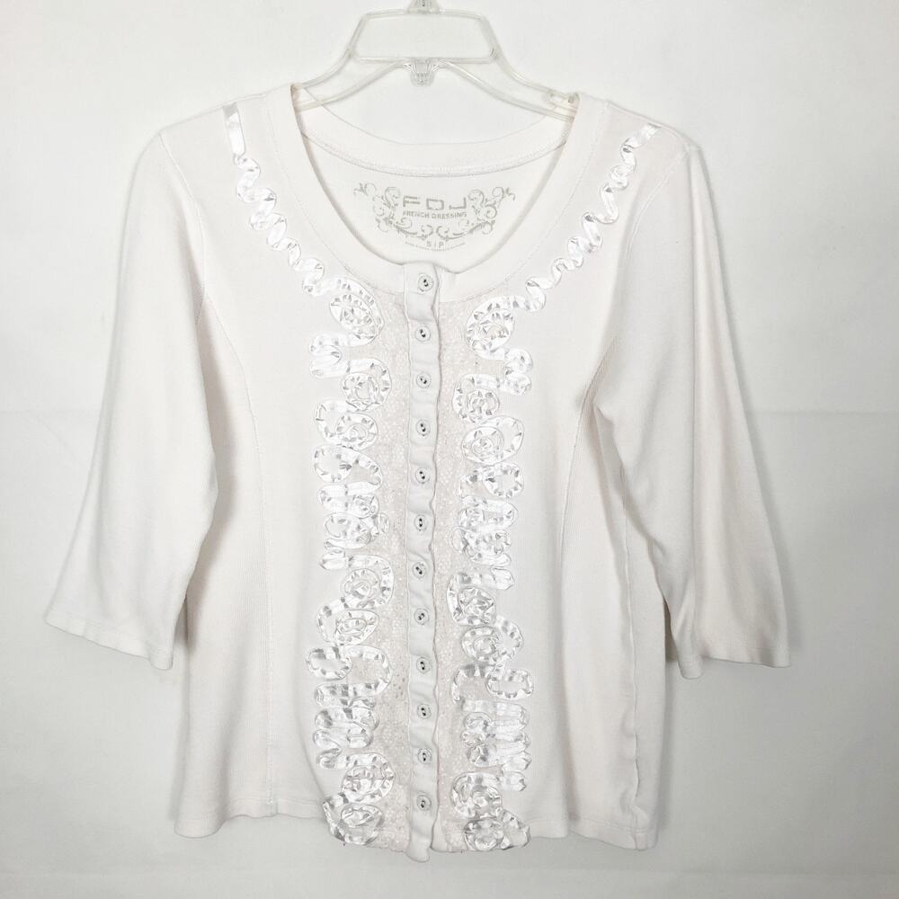 French Dressing Button Front 3/4 Sleeve Lace Top Size S